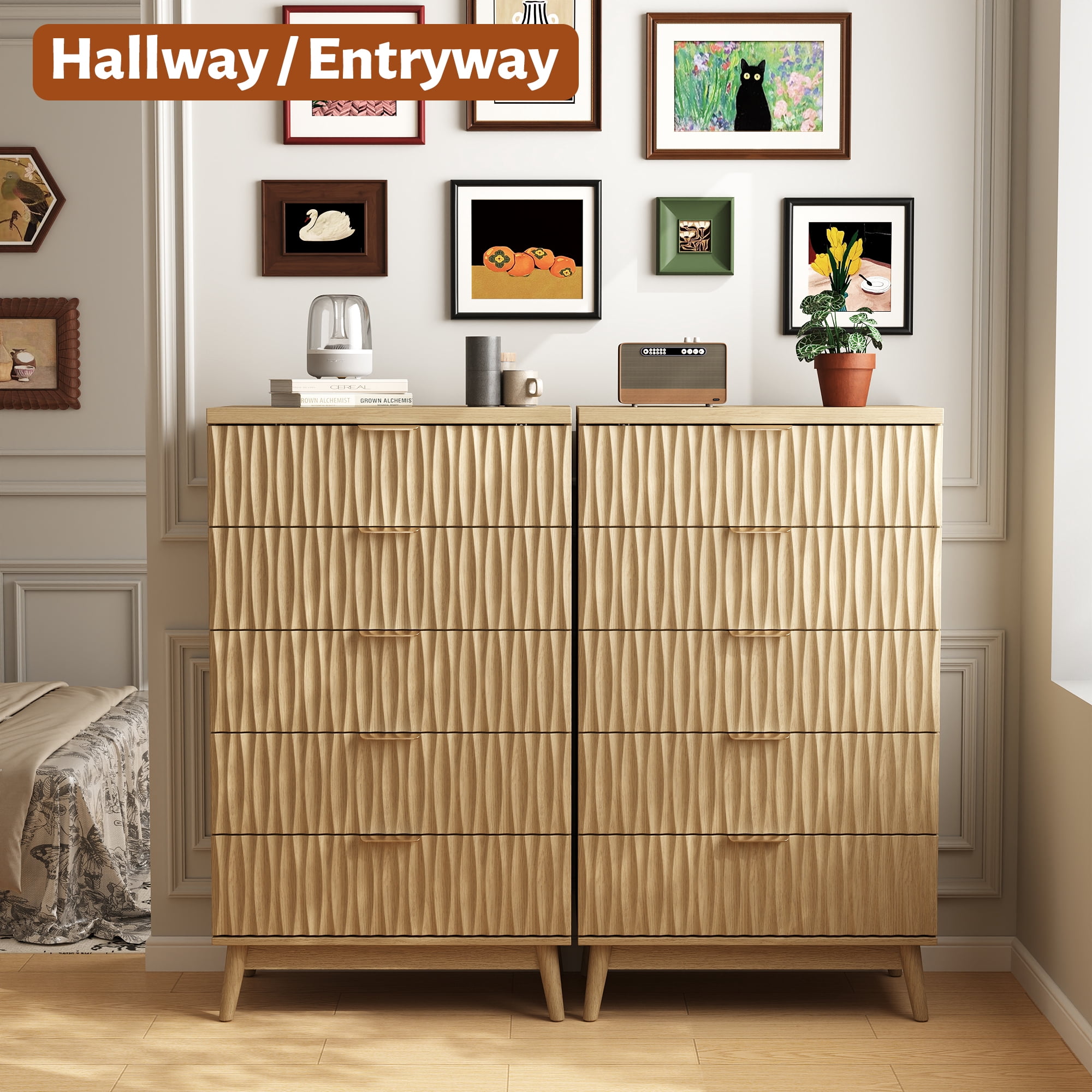 5 Drawers Fluted Dresser for Bedroom, 47" H Modern Chest of Drawers with Elegant Wave Design, Wooden Tall Dresser Closet Clothes Storage Organizer with Metal Handle for Living Room, Hallway, Entryway