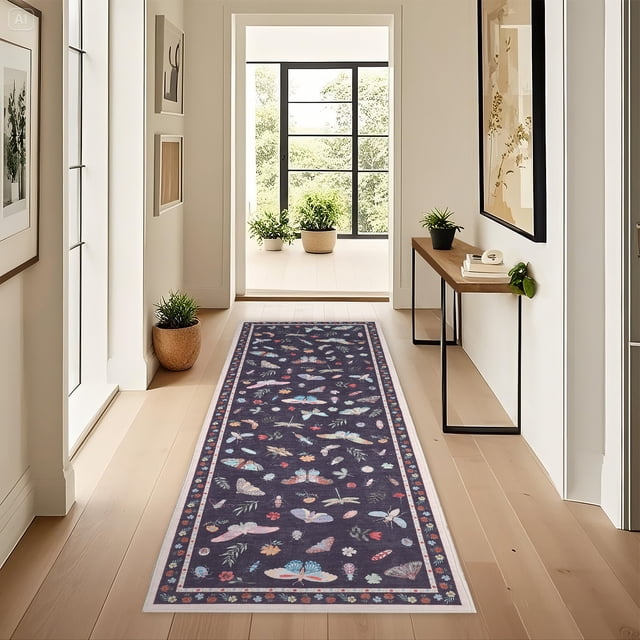 GlowSol 2x6 Charming Botanical Butterfly & Insect Washable Area Rug, Non-Slip Low-Pile Stain Resistant Floor Carpet for Living Room Bedroom Nursery Home Decor, Black