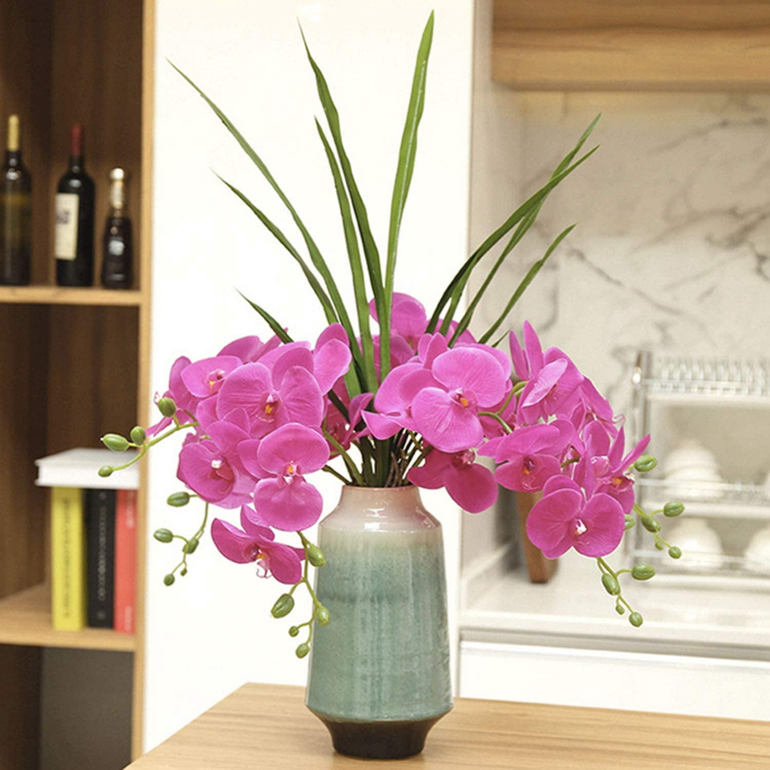 3Artificial Silk Phalaenopsis Flowers with Leaves Artificial Orchid Flowers Stem Plants in Fake Butterfly Phalaenopsis Flowers for Home Wedding Party Décor (White)