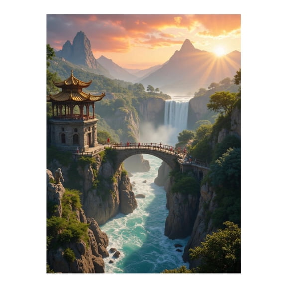 Diamond Art Kits for Adults, Mountain Sunset Bridge Waterfall Scene 5D Diamond Painting Kits for Adults Beginners, DIY Full Drill Diamond Painting, Gem Art and Crafts 12x16