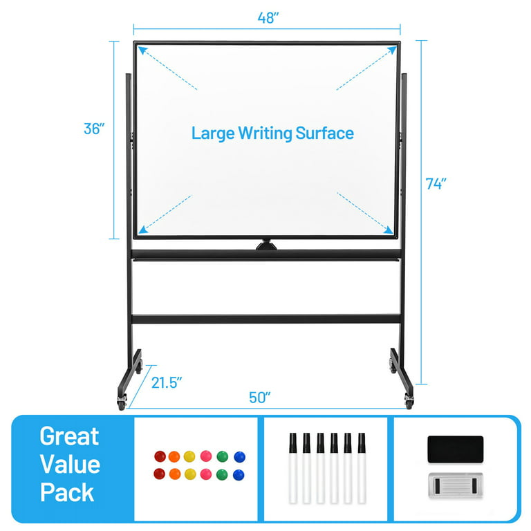 48 x 36 inch Mobile Magnetic Double-Sided Reversible Whiteboard Height Adjust