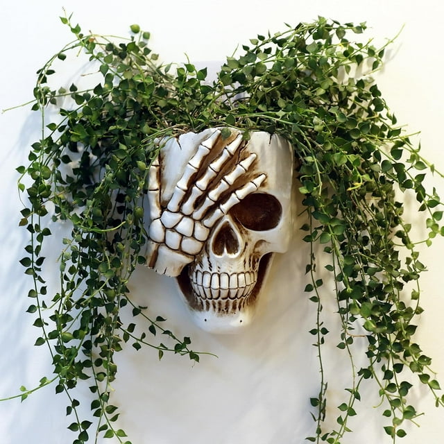 Macetero de pared con calavera para decoración del hogar, macetero gótico con esqueleto de resina para decoración de plantas de interior y exterior, color blanco
