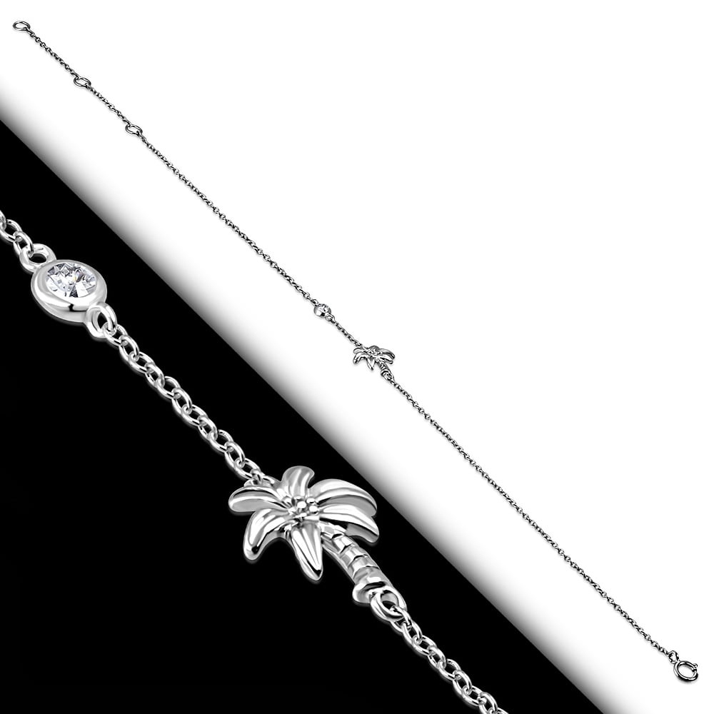 925 Sterling Silver Bezel-Set CZ Palm Tree Womens Link Chain Anklet Bracelet