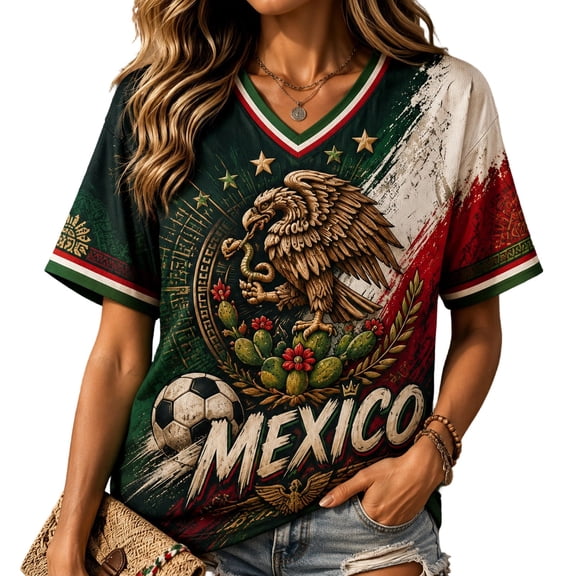 Women Mexico Soccer Cup 2026 Jersey National Team Flag V Neck Short Sleeve Casual Football Fan Graphic T-Shirt Dark Green S