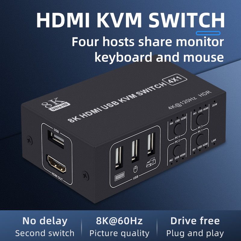 4 Ports Displayport KVM Switch 4K 60Hz 4 In 1 Out USB DP KVM Switch Box DP USB KVM Share Monitor Mouse Keyboard Printer Switcher