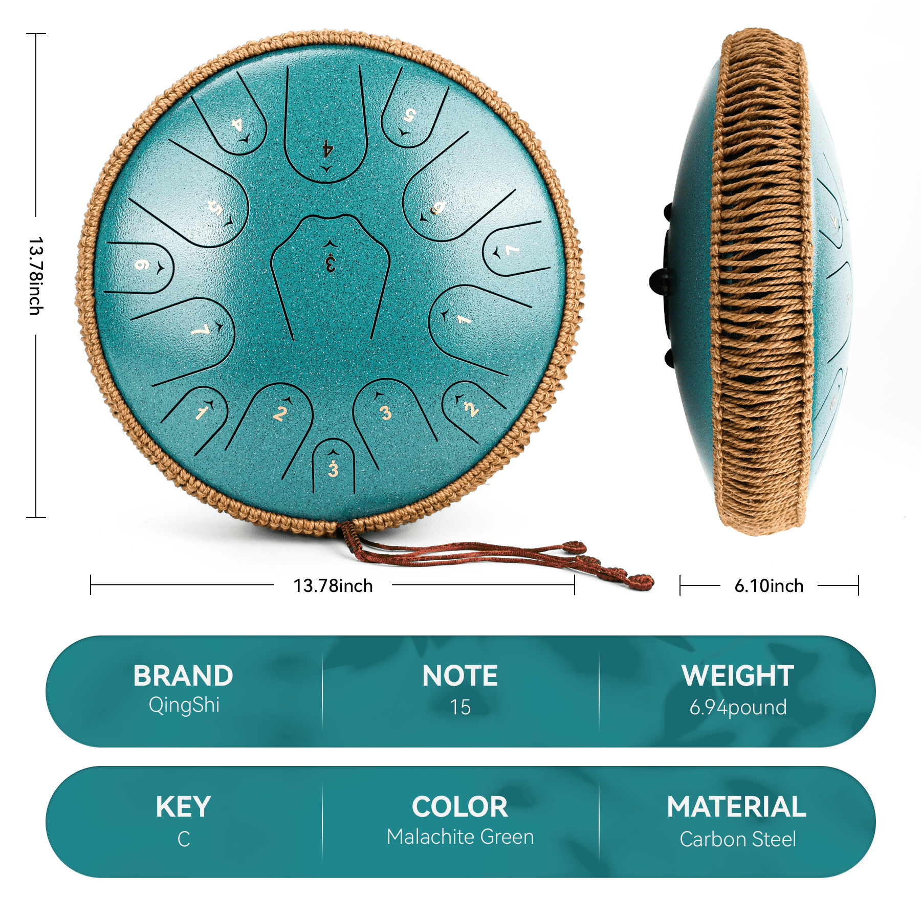 Steel Tongue Drum-14" 15 Note Tongue Pan Drums for Adults, C Major, Carry Bag, Malachite Green
