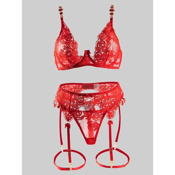 Red Embroidered Sexy Push Up Lingerie Set (RED, S)