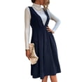 thumbnail image 3 of Women V Neck Corduroy Overall Dress Fall Mini Pinafore Jumper Dress Blue XL, 3 of 9