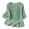 thumbnail image 4 of Womens 3/4 Sleeve Tops Cotton Linen Shirts Embroidered V Neck Button Boho Blouses Loose Fit Dressy Casual Tunic Top, 4 of 7