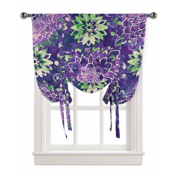 Purple Green Flowers Tie Up Curtains for Window, Watercolor Vintage Botanical Thermal Insulted Balloon Shade Adjustable Rod Pocket Curtains Valance Panels for Kitchen Bathroom Café 42 x 54