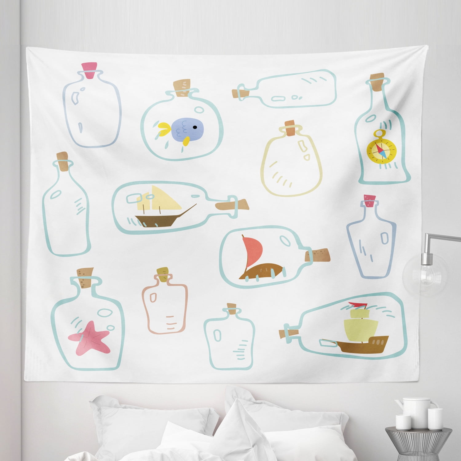 Nautical Tapestry, Assortment of Colorful Bottles with Sea Items Inside ...
