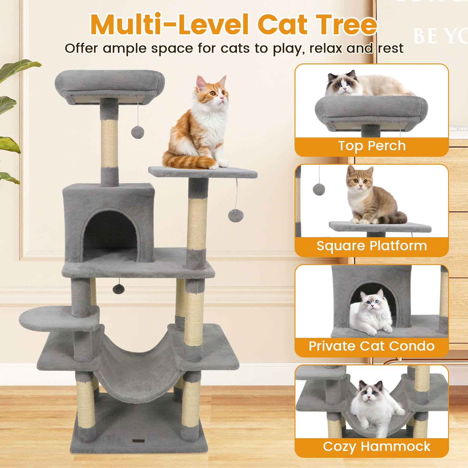 Costway 58” Tall Multi-level Cat Tree with Upholstered Perch & Cat Condo, Comfy Hammock Light Gray