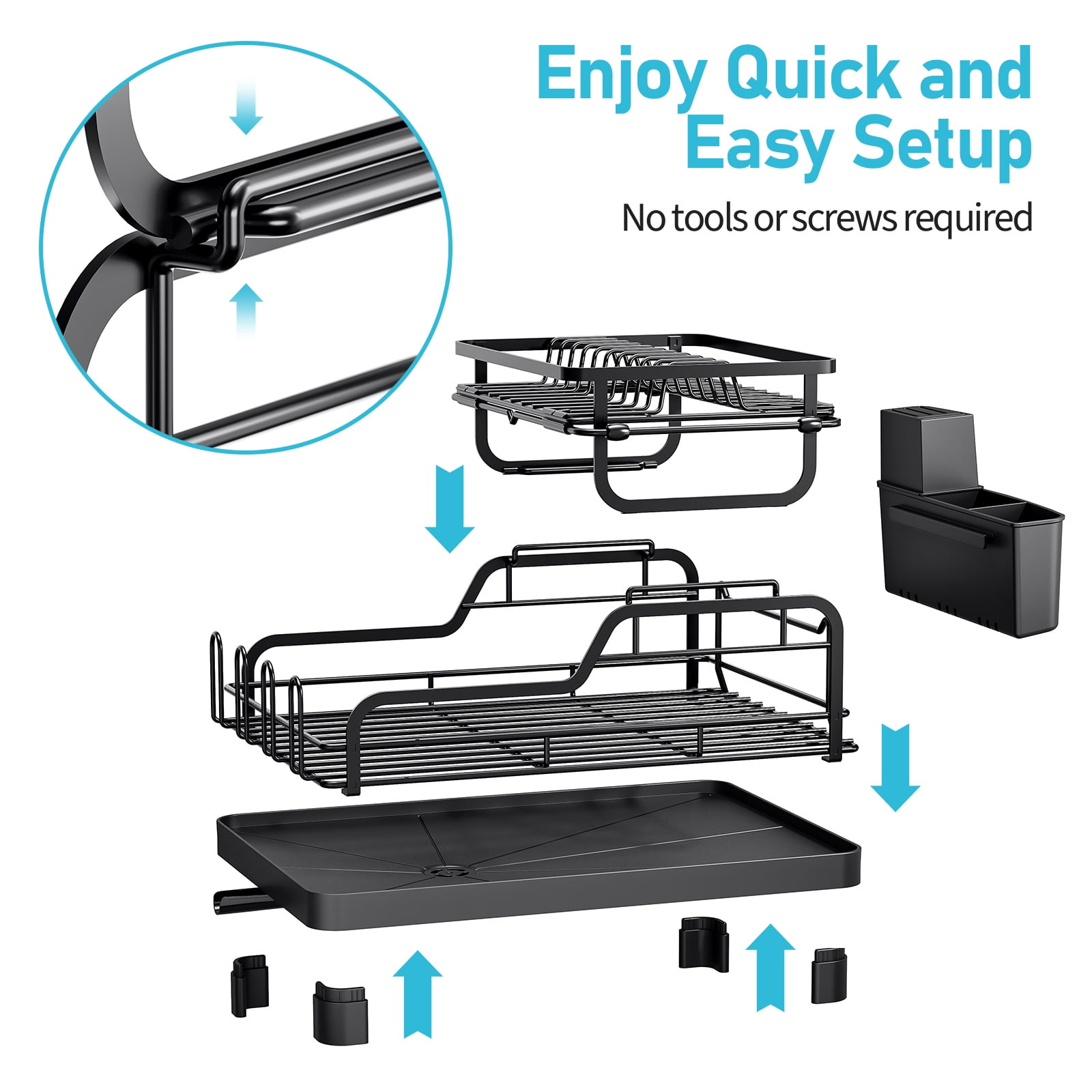 Dish Drying Rack, KK KINGRACKE Large 2-Tier Dish Rack with Drainboard Set for Kitchen Counter, Black