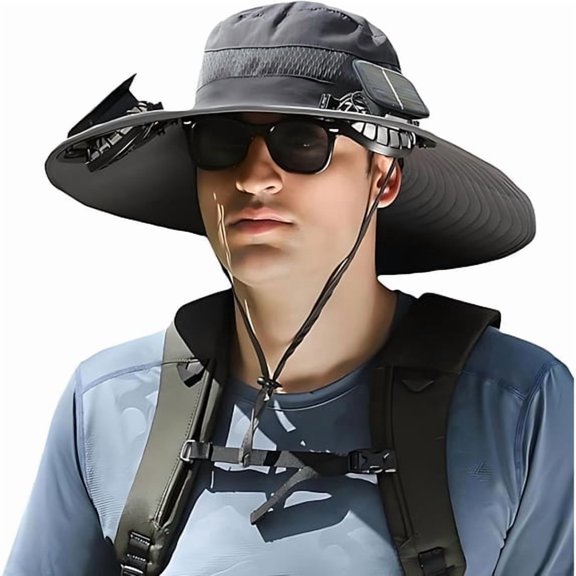 Solar Powered Sun Hat with Dual Cooling Fans, USB Rechargeable Wide Brim Fishing Hat, Water-Repellent UPF 50 Safari Cap for Hiking, Gardening & Outdoor Activities,Light Gray