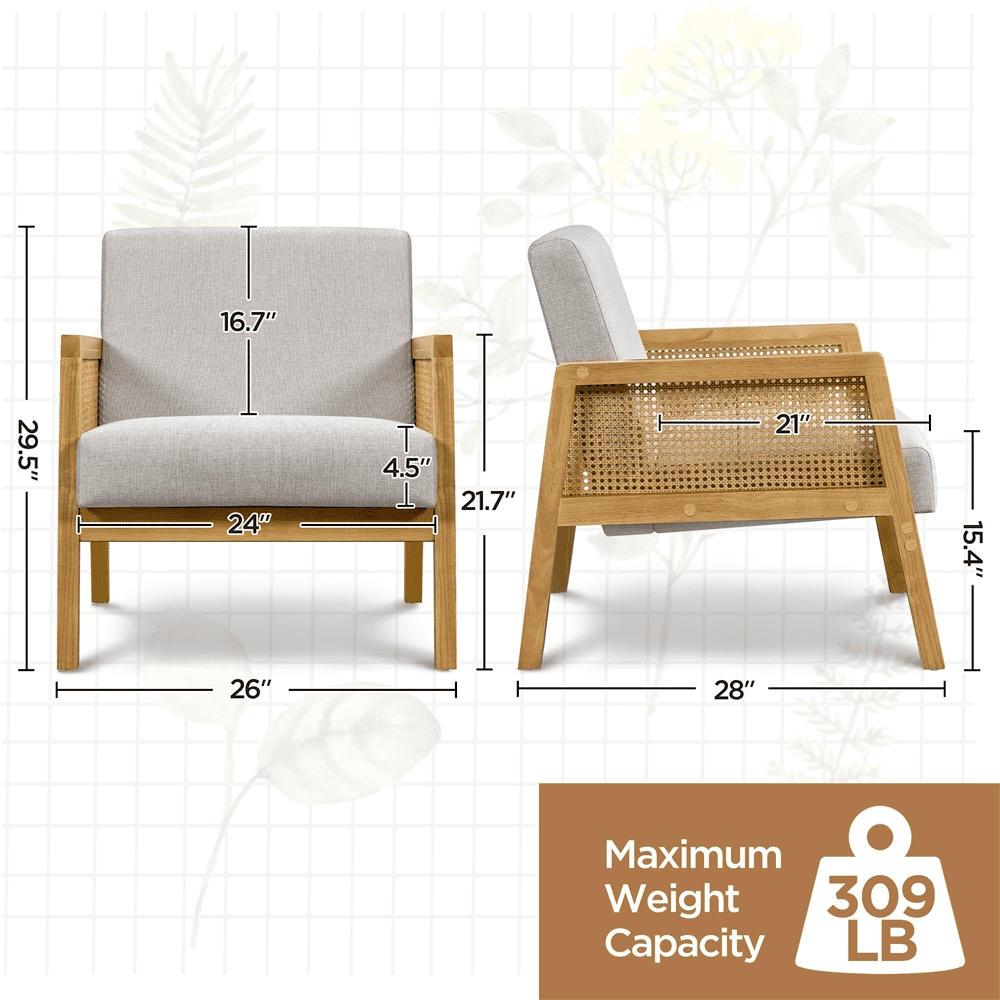 Renwick Fabric Upholstered Accent Chair with Rattan Sides for Living Rooms,Beige