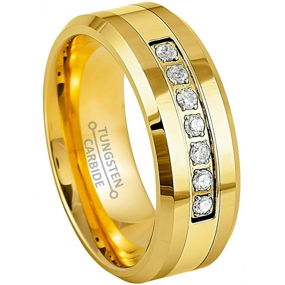 Jewelry Avalanche Gold IP Tungsten Carbide 7-CZ Mens Wedding Band, Low-Beveled, 8MM Comfort-fit Anniversary Ring size 10