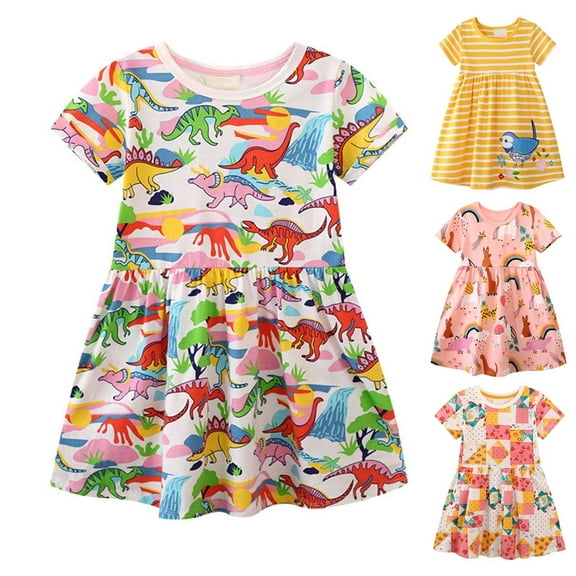 WIBACKER 2-7T Kids Girls Cotton Summer Jersey Dress Short Sleeve Crewneck Cartoon Dinosaur Dresses