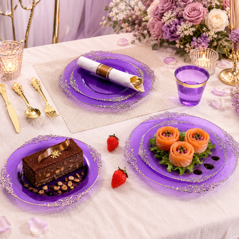 Goodluck Purple Disposable Dinnerware Set, 350-Piece for 50 Guests photo 4