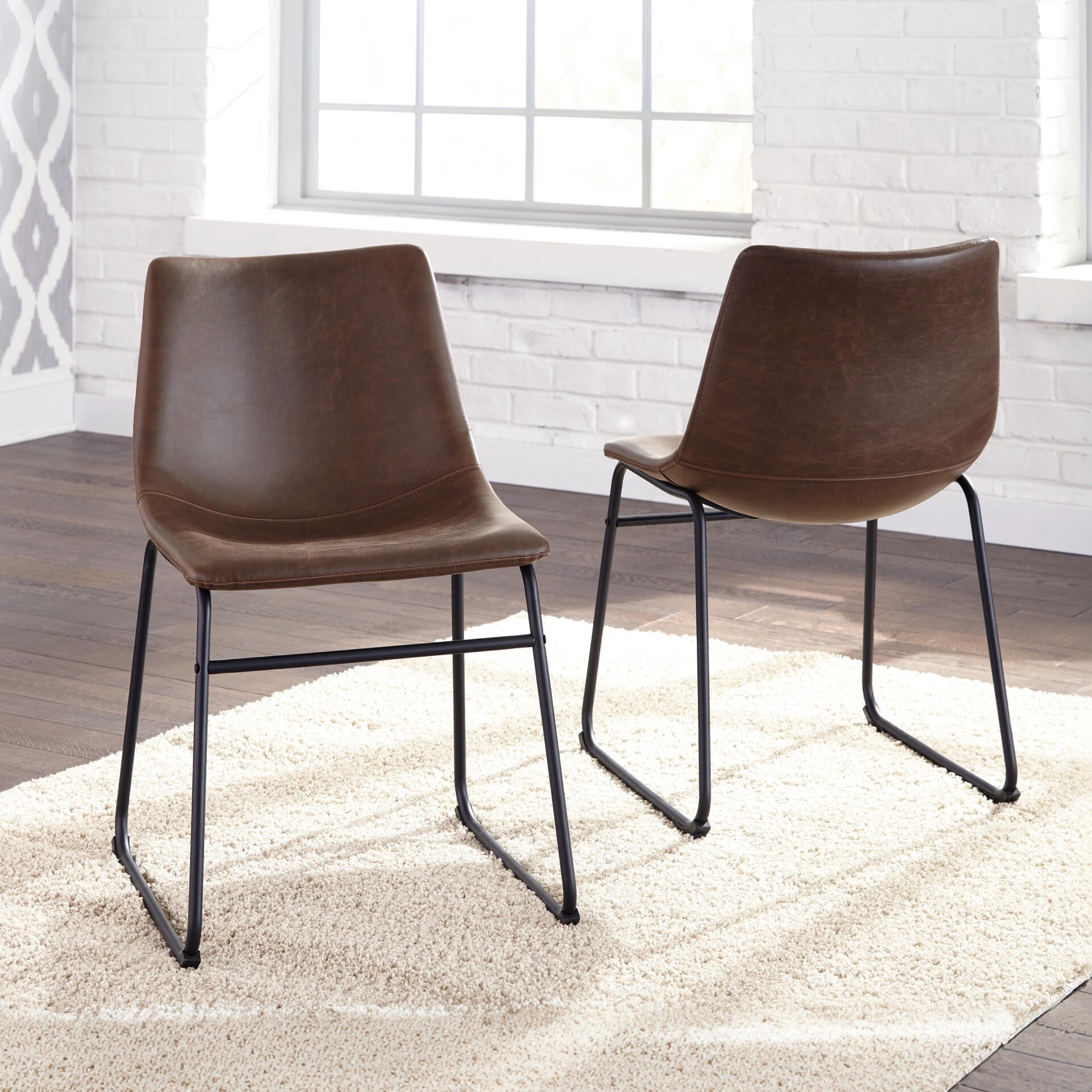 Signature Design by Ashley Centiar Mid-Century Dining Chairs Set of 2, Brown Faux Leather Bucket Seat Dining Chairs with Tubular Metal Base