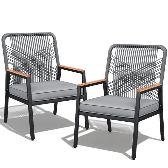 LIFERUN 2-Piece Patio Armchairs Set, Wide Outdoor Rattan Chairs (21in Seat Width) with Ergonomic Curved Backrest, 3.15in Thick Cushions, WPC Armrest, for Balcony, Backyard, Terrace, Grey