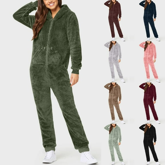 PXLKNZH Womens Fleece Onesie Plus Size Solid Color Pajamas Jumpsuit Warm Sherpa Romper Sleepwear One Piece Zipper Lounge Hooded Playsuit Green,XXL