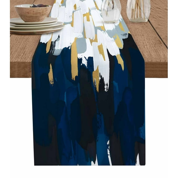 Blue White Table Runner Gold Graffiti Painting Art Retro Country Tablerunners 16 x 72 Inch, Table Decorations Tabletop Scarf for Summer Gathering Holiday Farmhouse Kitchen Dining Decor