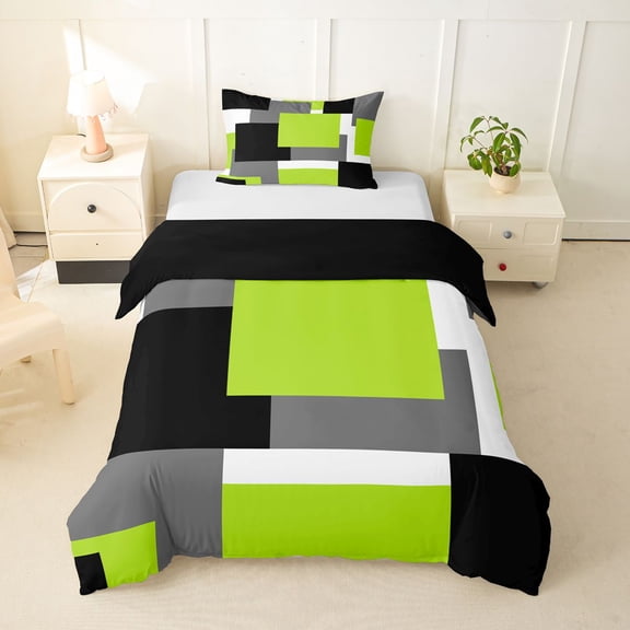 Homewish Green Geometric Square Twin Duvet Cover,Modern Abstract Twin Bedding,Black Reversible,2pcs,1 Duvet Cover and 1 Pillowcase