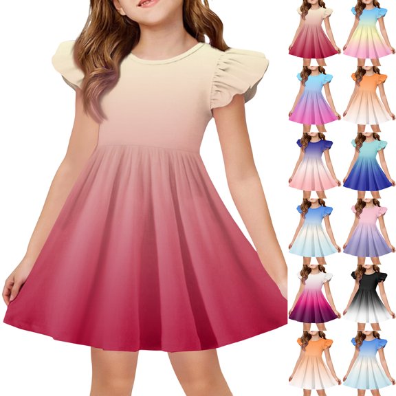 YOUYEDIAN Girls Midi Dress Toddler Summer Casual Flutter Sleeve Princess Dress Crewneck Print A Line Dress (Watermelon Red, 9-10 Years)