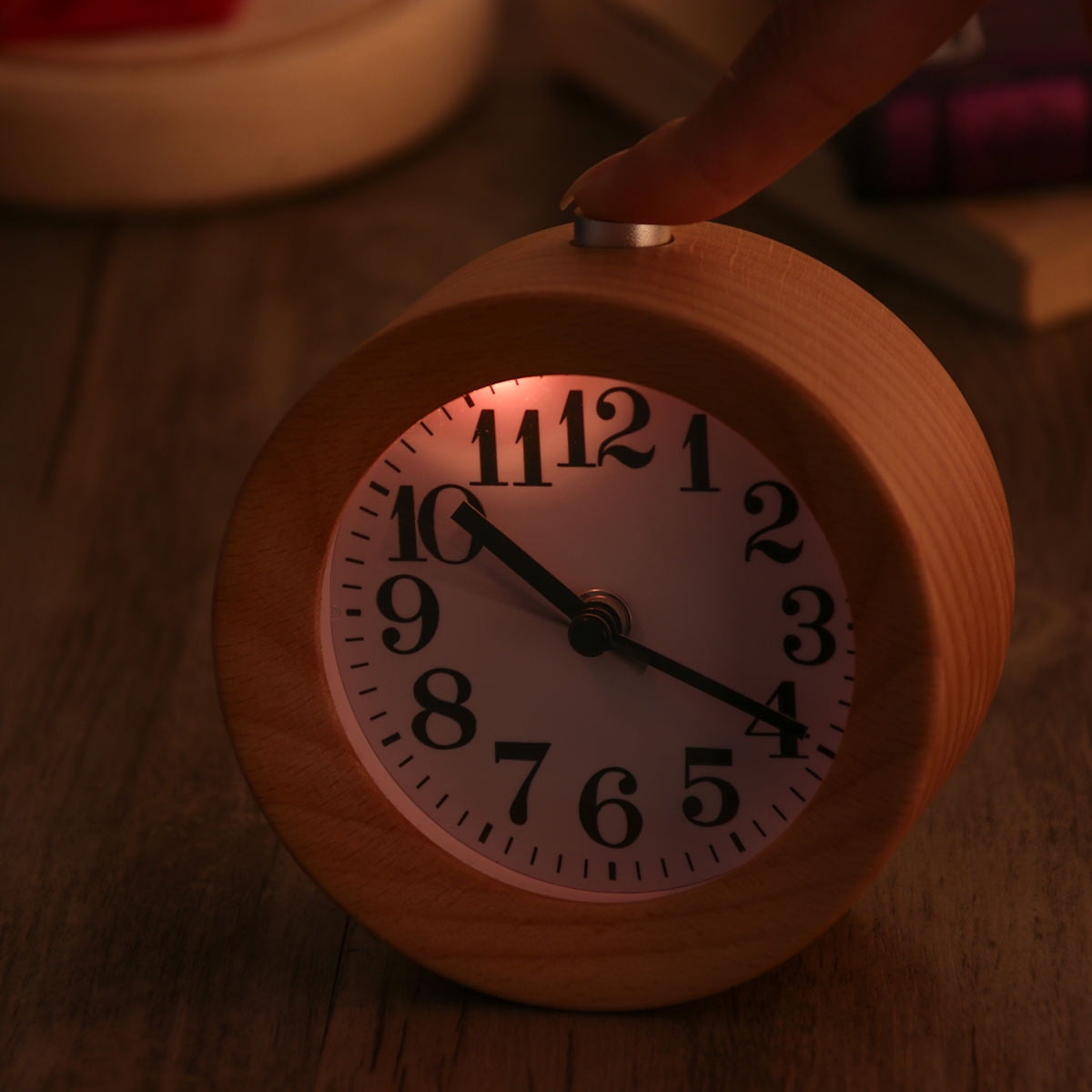 Raindrops Round Wooden Silent Desk Alarm Clock with Nightlight - Travel Friendly, Quiet , Elegant Design