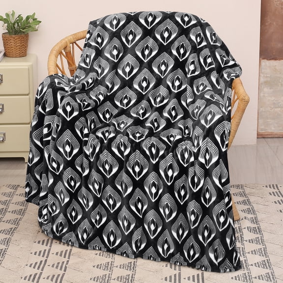 Catalonia Fleece Throw Blanket for Couch, Lightweight All Seasons Soft Cozy Moroccan Blanket for Home Living Room Decorative, 50'' x 60'', Black