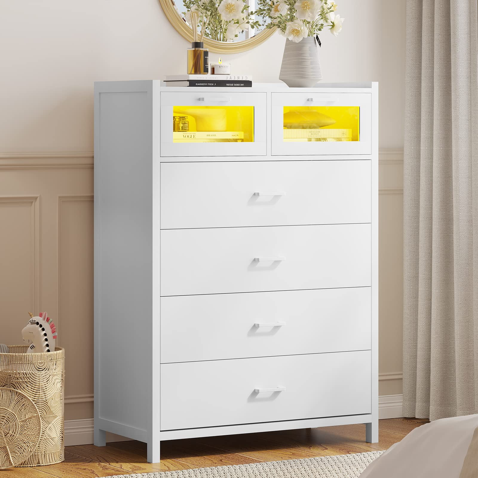 White Tall 6 Drawers Dresser with LED Lights, Chest of Drawers Dresser