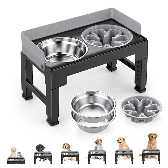 Euqvunn Elevated Dog Bowls, Raised Dogs Bowl Stand for Medium Large Dog, 6 Heights Adjustable 3.1", 8.7", 9.4", 10.2", 11", 11.8", Dog Feeder with 2 Stainless Steel Dishes &1 Slow Feeder Bowl
