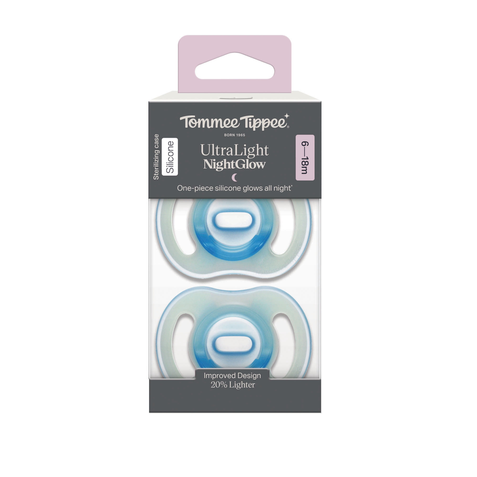 Tommee Tippee Ultra-light StayPut NightGlow Pacifier, 6-18 Months, 2 Pack, Soft Skin Feel, Extra Air Flow
