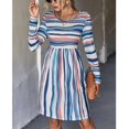 thumbnail image 2 of Vestido de manga larga con cuello redondo, estampado de rayas, hasta la rodilla, vestido informal de línea A para otoño, azul, S, 2 of 8