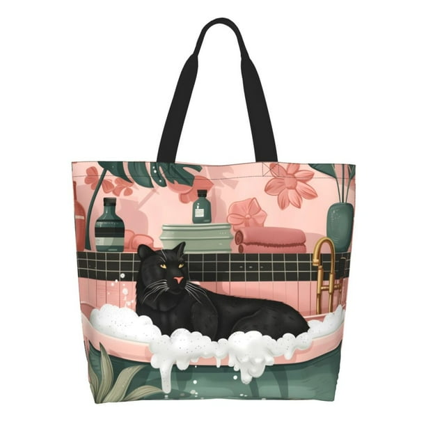 Easygdp Black Cat Pink Bathroom Bolsas Tote para Mujer, Bolsos de Hombro para Viaje, Bolsos de Mano de Gran Capacidad para Compras y Trabajo