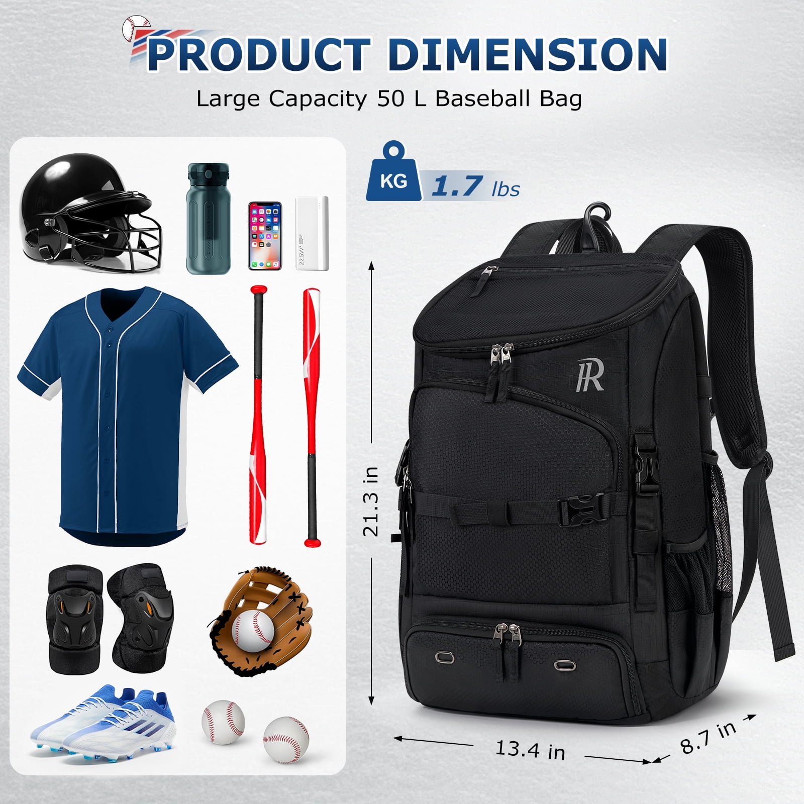 RAINSMORE Baseball Backpack 40L Large Softball Baseball Backapck with Helmet Holder, Shoe Compartment & Fence Hook, Durable Softball Gear Bag,Black