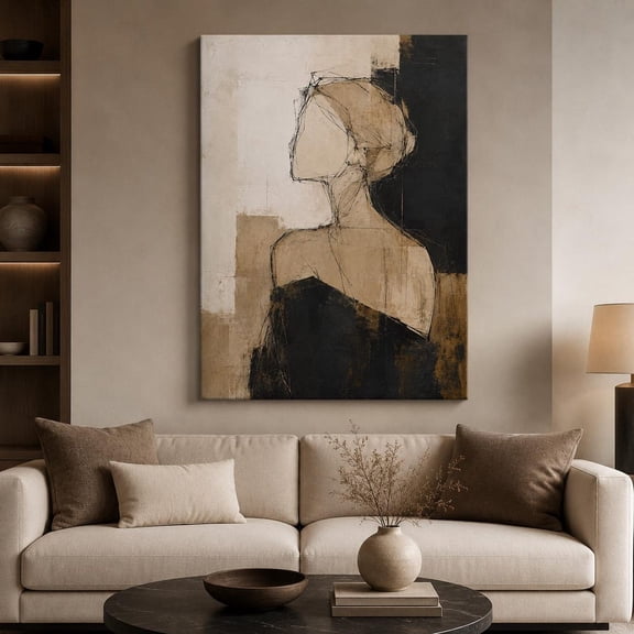 Abstract Figure Canvas Wall Art Neutral Minimalist Portrait Modern Beige Black Line Art For Living Room Bedroom