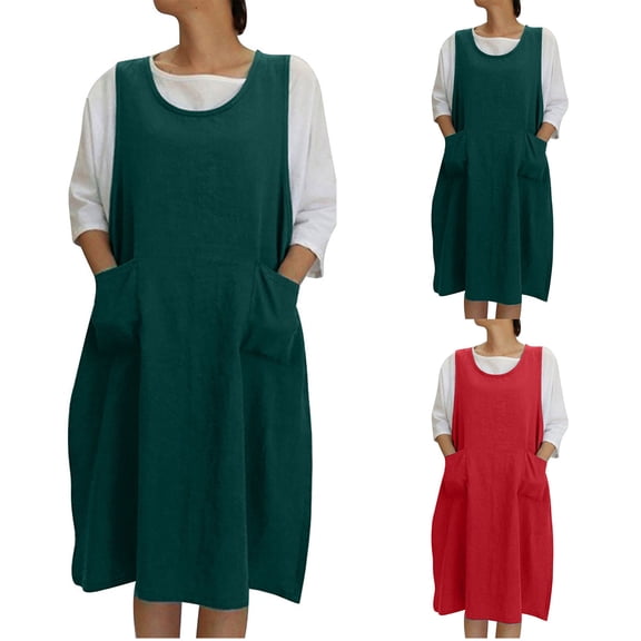 Antinious Women Sleeveless Round Neck Solid Drawstring Loose Dress