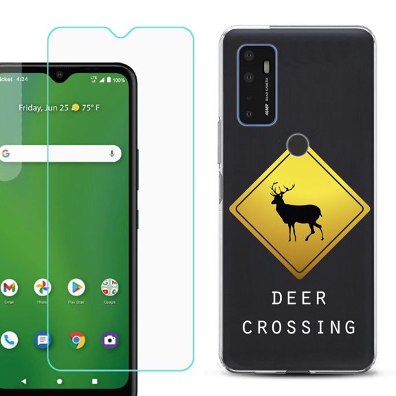 Slim-Fit Gel TPU Phone Case for Cricket Dream 5G, with Tempered Glass Screen Protector, by OneToughShield ® - Road Sign Deer