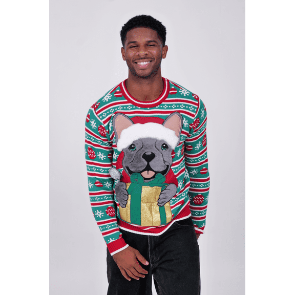 Jollidays Men's Christmas Bulldog Long Sleeve Crewneck Ugly Christmas Sweater, Sizes S-2XL