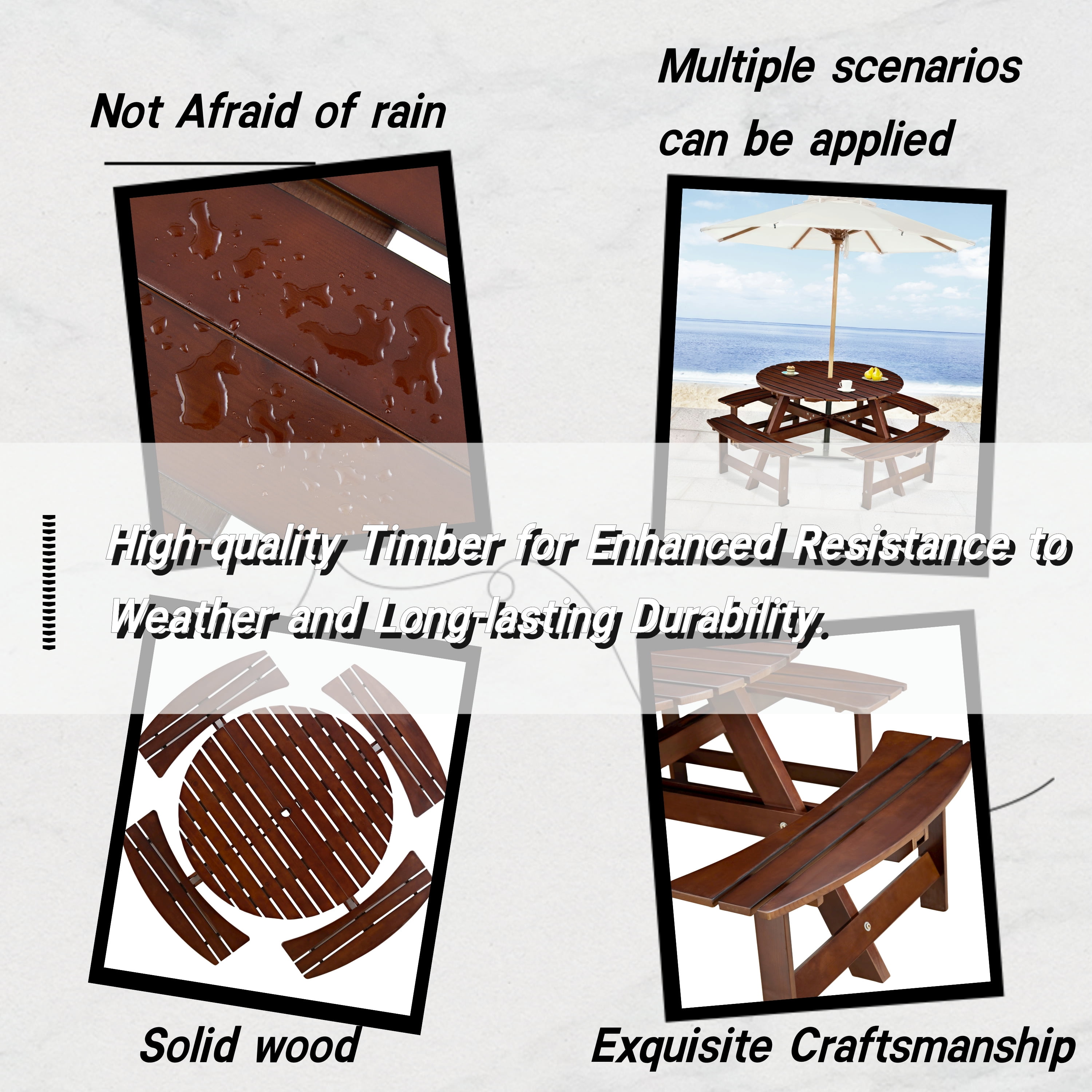 Aukfa Wooden Picnic Table for 8,Outdoor Round Picnic Table w/ 3 Benches for Garden, Backyard,Brown
