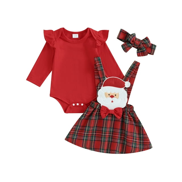 Pudcoco Baby Girl Christmas Outfits Solid Color Long Sleeve Rompers Santa/Tree Patch Plaid Suspender Skirts Headband 3Pcs Clothes Set