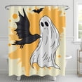 thumbnail image 1 of Whimsical Halloween Shower Curtain with Friendly Ghost Dark Crow & Bat Cheerful Yellow-Gold Design, 1 of 4