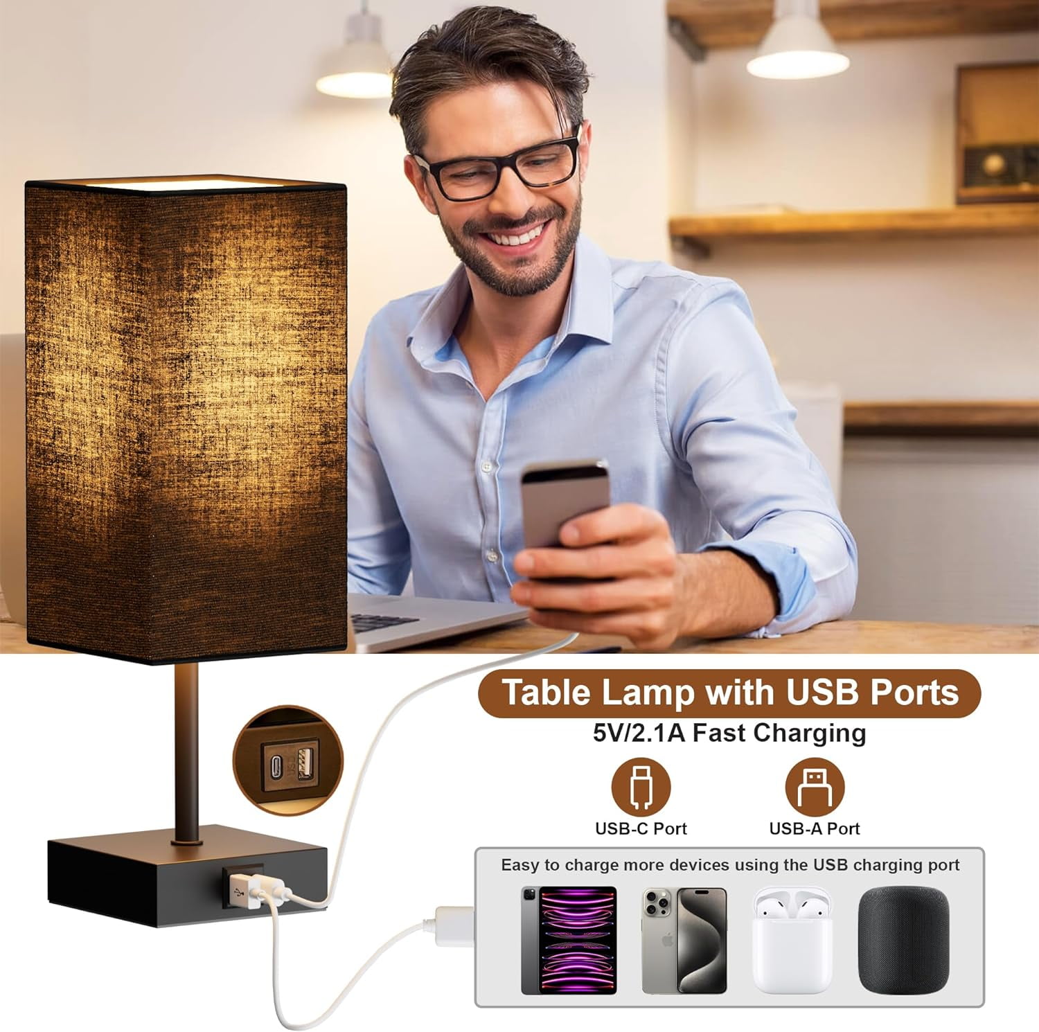 Hansang Bedside Table Lamps Set of 2, Touch Bedroom Lamp with USB C+A Charging Ports, 3 Way Dimmable Lamps for Night Stands, LED Bulbs Included