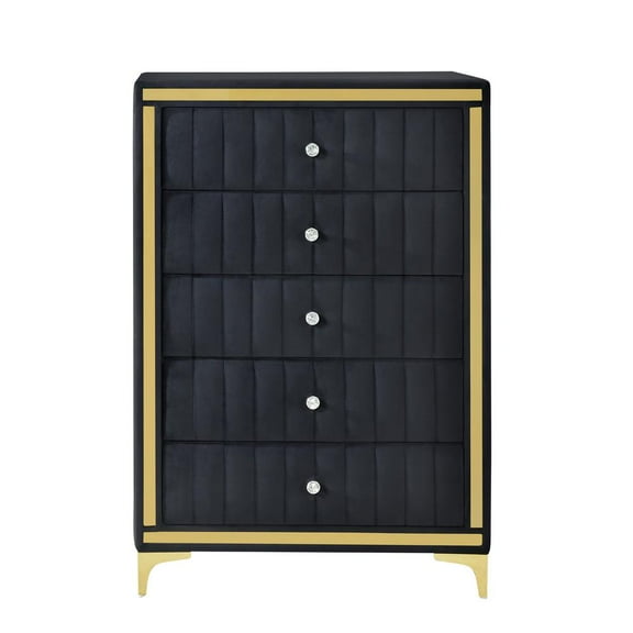 Better Home Products Monique Velvet Upholstered 5-Drawer Chest in Black