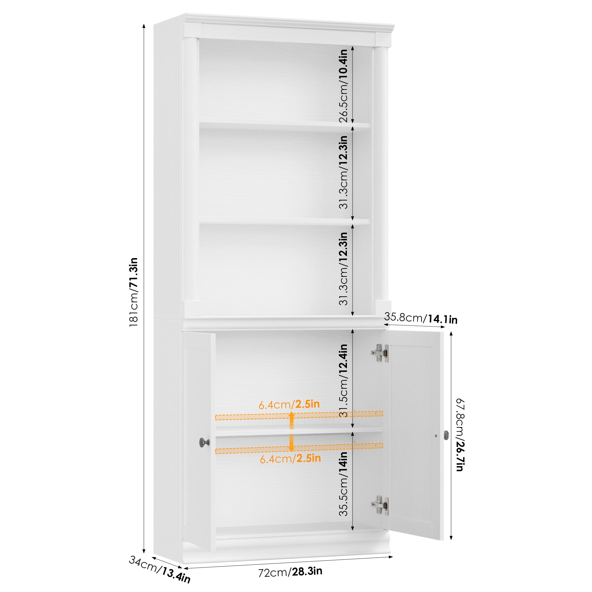 Homfa 71"H Bookcase with Doors, 5 Tier Storage Bookshelf with Adjustable Shelf for Study Home Office, White
