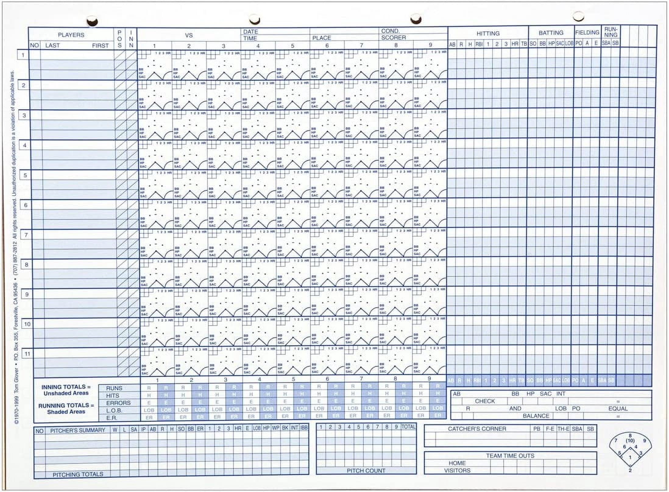 Glover's Scorebook Baseball/Softball 50 Scoring Sheet No Stats Refill