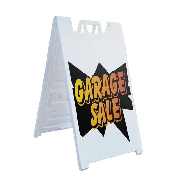 Garage Sale 24" x 36" Double Sided A-Frame Sidewalk Sign Includes 2 Installed Decals | Foldable Portable White Signicade Sandwich Board | Local Bargains Neighborhood Events Bold Signage