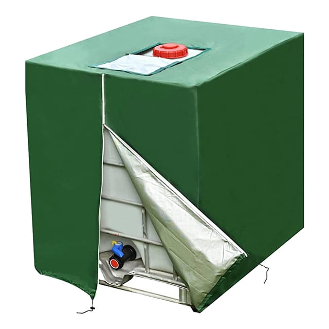 Housse de Réservoir Étanche et Antipoussière de 1000 L en Tissu Oxford 210D Vert, Conçue pour les Réservoirs d'Eau de Pluie IBC. la Housse Offre une protection UV, Est Imperméable, Antipoussière et Convient à une Utilisation Extérieure par Diverses conditions Météorologiques. Elle Présente une Conception Ajustée avec des dimensions d'Environ 120 x 100 x 116 cm, Protégeant le Réservoir et Son Contenu contre les Dommages Causés par la Lumière du Soleil, la Pluie et les Débris. l'Image Montre la Housse Partiellement Ouverte