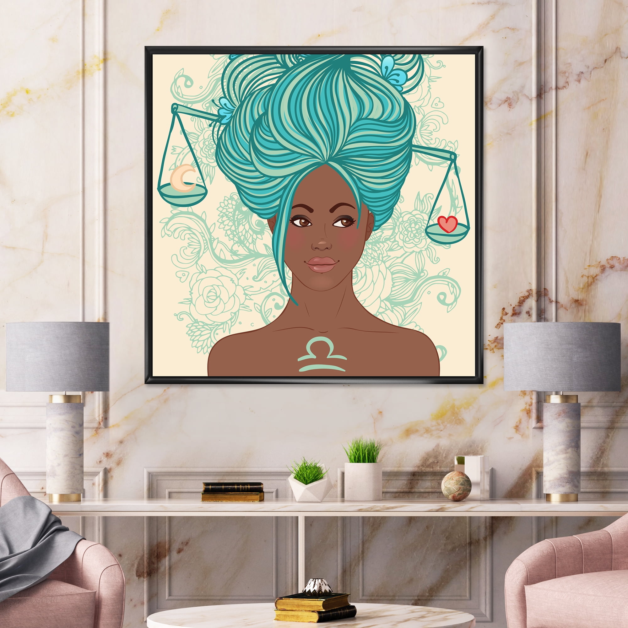 Designart 'Portrait of African American Woman With Blue Hair I' Modern Framed Canvas Wall Art Print